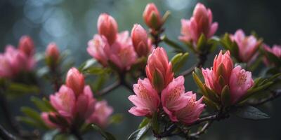 Rhododendron buds and initial blooms blooming during the start of spring. photo