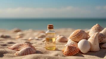 Serene Beach Scene with Sunscreen Oil Bottle and Seashells Highlighting Summer Vibes and Relaxation Concept. photo