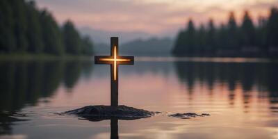 Serene Reflection of Cross on Peaceful Lake with Atmospheric Lighting. photo