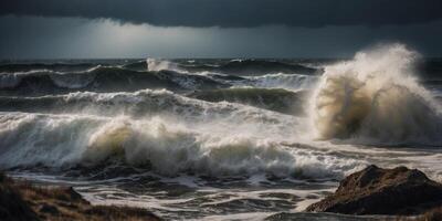 Powerful Hurricane Striking Coastline in Dramatic. photo