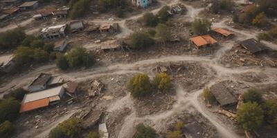 Aerial view of destruction after natural disaster. photo