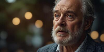 An old man with a beard is looking at something in shock. photo