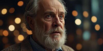 An old man with a beard is looking at something in shock. photo