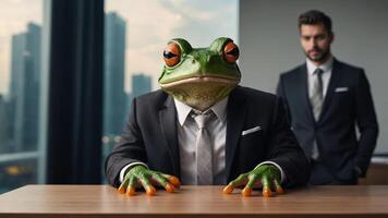 A frog sits on a desk in front of a man in a suit. photo