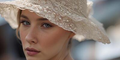 The delicate lace and beadwork on a ladys racing hat a stylish and traditional accessory in the world of horse racing. photo