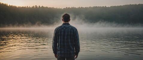 A man standing in front of a foggy lake preparing for his morning routine with a round of deep breaths. photo