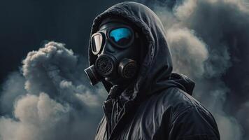 a man in a hood and in a gas mask in clouds of smoke around. photo