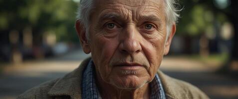 Elderly man with intense gaze and weathered features. photo