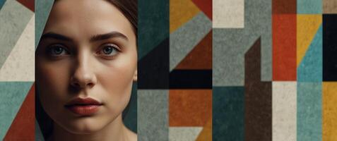 A fusion of traditional and modern art styles brought together through a collage of geometric shapes. photo