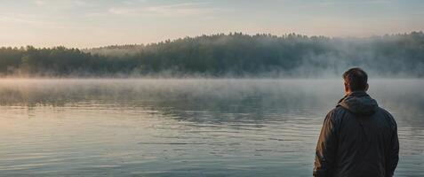 A man standing in front of a foggy lake preparing for his morning routine with a round of deep breaths. photo
