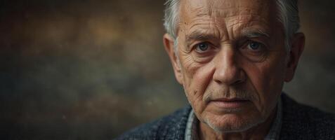 Elderly man with intense gaze and weathered features. photo
