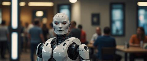 A humanoid robot stands in a busy indoor area. photo