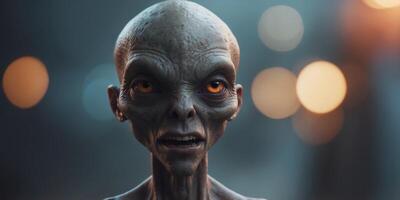A strange looking alien with a large head and a mouth with sharp teeth. photo