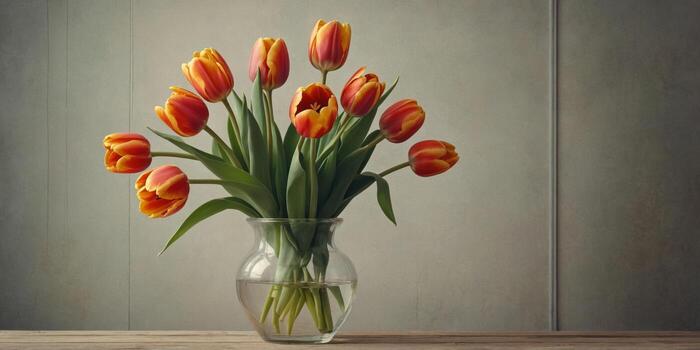 Retro artistic background with tulips in a vase and circular elements retro wave springtime minimal background. photo