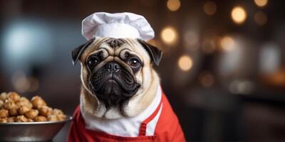 Happy pug chef in red uniform with white toque. photo