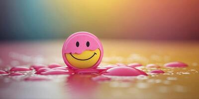 Adorable pink and yellow melting smiley face character representing sweetness playfulness and the fun of being unconventional in a bright and cheerful design. photo