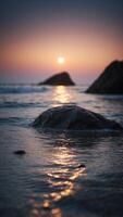 A beach with bioluminescent waves, where an empty rock sits under the moonlight. photo