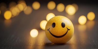 Cute yellow smiley face ball glowing with soft light symbolizing warmth positivity and happiness in a minimalist modern design with a focus on emotional expression. photo