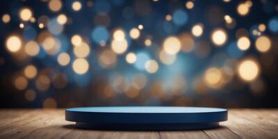 an empty podium scene for a item showcase with blue lights. photo