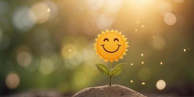 Happy sun smiley with a content expression representing warmth positivity and the simplicity of summer joy in a clean minimalist design. photo