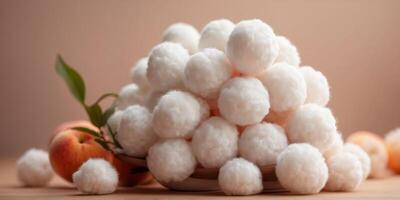 Fluffy White Cotton Ball on Peach Fuzz Color Background Minimal Modern Trendy Concept for Cleanliness and Purity. photo