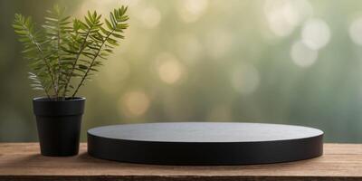 Black rock table top podium for item showcase mockup. photo