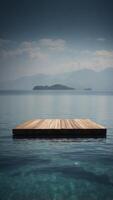 A giant floating platform in the middle of an ocean with an empty space for a product showcase. photo