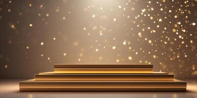 Empty podium gold scene for product presentation with neon lighting. photo
