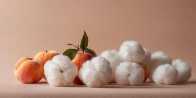 Fluffy White Cotton Ball on Peach Fuzz Color Background Minimal Modern Trendy Concept for Cleanliness and Purity. photo
