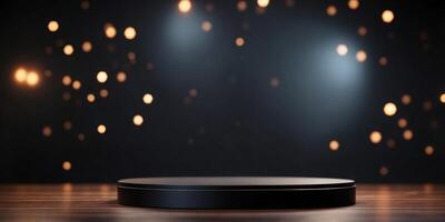 Empty round black item showcase podium in dark room. photo