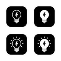 Lightning bulb icon set on black square. Lamp with flash concept vector