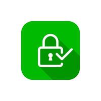 Padlock with check mark icon on green square. Lock and tick concept vector