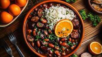 Overhead shot of a festive table featuring Portuguese feijoada with beans, pork, and sausages, served with rice, slices of orange, and sprinkled with fresh coriander photo