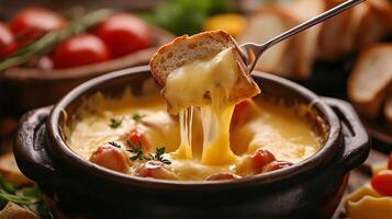 A cheese fondue pot with a fork pulling out a piece of bread, dripping with thick, stretchy cheese, with bread pieces and vegetables around the pot photo