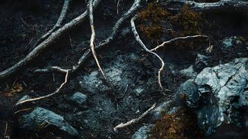 A detailed macro shot of a dark, shaded forest floor, showing damp soil, roots twisting around rocks, and patches of moss alongside fallen branches photo