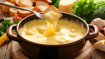 A cheese fondue pot with a fork pulling out a piece of bread, dripping with thick, stretchy cheese, with bread pieces and vegetables around the pot photo