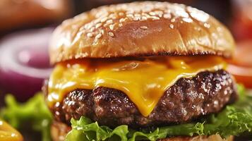 A gourmet burger being lifted, with cheese oozing out and stretching from the patty to the bun, lettuce, tomato, and onions in the background photo