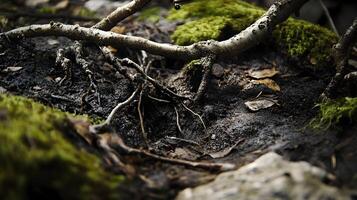 A detailed macro shot of a dark, shaded forest floor, showing damp soil, roots twisting around rocks, and patches of moss alongside fallen branches photo