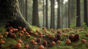 The forest floor in a coniferous forest, with layers of pine needles and cones, vibrant green moss, and small mushrooms growing from the base of tree roots, all under soft, diffused light photo