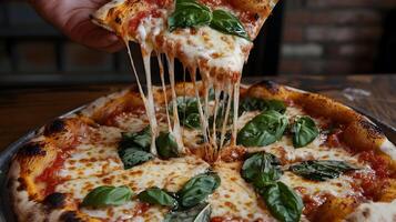 A hand pulling a slice of pizza with gooey, stretchy cheese, strands of cheese extending from the pizza base, the crust slightly charred, surrounded by fresh basil and tomato sauce photo