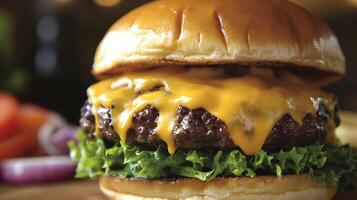 A gourmet burger being lifted, with cheese oozing out and stretching from the patty to the bun, lettuce, tomato, and onions in the background photo