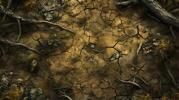 A richly detailed image of a forest floor with dry, cracked earth, patches of moss, decaying branches, and hints of wild mushrooms growing under the shade of trees photo