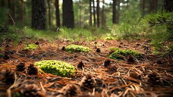 A close-up of the forest ground covered in pine needles, with small cones scattered between them and patches of bright green moss, with soft sunlight filtering through photo
