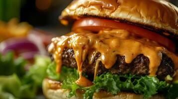 A gourmet burger being lifted, with cheese oozing out and stretching from the patty to the bun, lettuce, tomato, and onions in the background photo