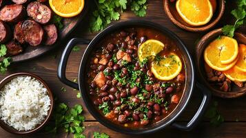 Overhead shot of a festive table featuring Portuguese feijoada with beans, pork, and sausages, served with rice, slices of orange, and sprinkled with fresh coriander photo