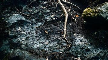 A detailed macro shot of a dark, shaded forest floor, showing damp soil, roots twisting around rocks, and patches of moss alongside fallen branches photo