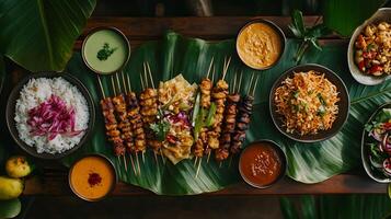Overhead shot of a table set with beautifully arranged Thai street food including pad thai, satay skewers, sticky rice, and colorful sauces, placed on banana leaves photo