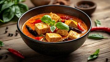Steaming bowl of spicy Thai red curry with tofu, bell peppers, and basil leaves, placed on a rustic wooden table with traditional Thai spices and herbs scattered around photo