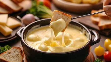 A cheese fondue pot with a fork pulling out a piece of bread, dripping with thick, stretchy cheese, with bread pieces and vegetables around the pot photo