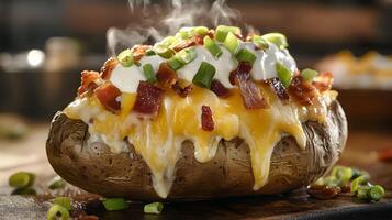 A loaded baked potato topped with stretchy melted cheese being cut open, revealing steamy insides with bacon, sour cream, and green onions on top photo